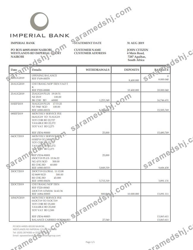 South Africa Imperial Bank statement easy to fill template in Word and PDF format